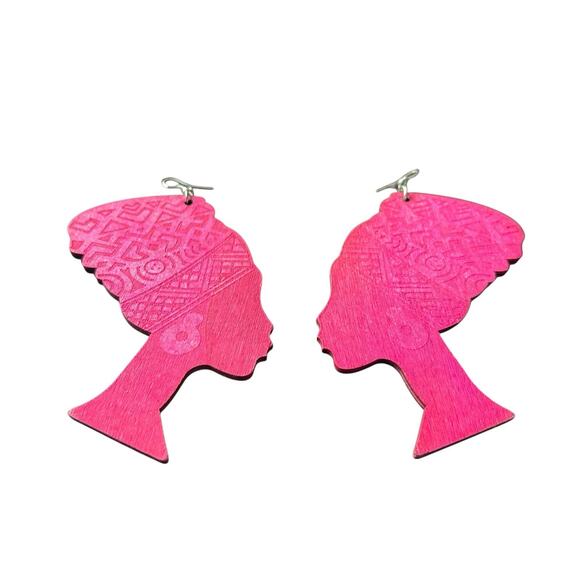 Queen Nefertiti African Silhouette Pink Wooden Earrings Headwrap Design - Picture 2 of 5